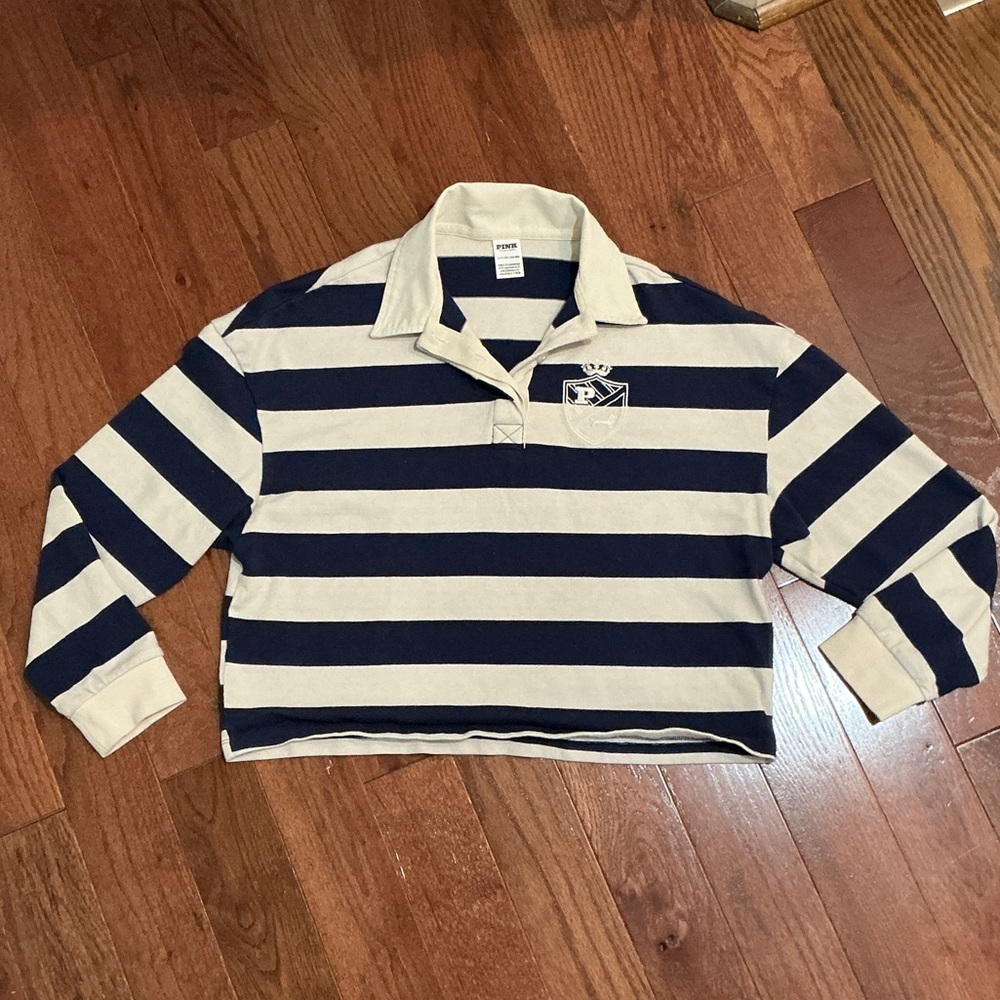 PINK Victoria's Secret Navy & Cream Striped Rugby Polo